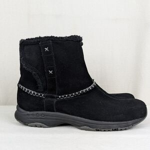 Easy Spirit Ankle Boots Women's Size 8 Black Leather Suede Faux Fur Hook & Loop